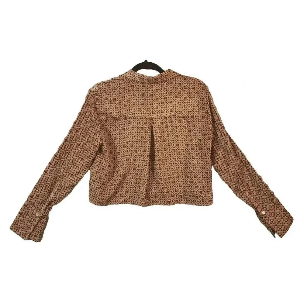 Zara Satin Tan Floral Women's Crop Top Long Cuff Sleeve Button Down Size XS
